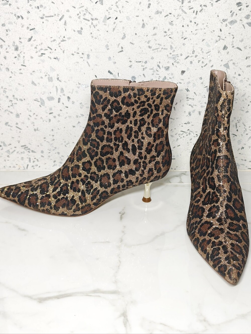 Betsey Johnson Leopard Print Metallic Fabric Gold Brown Ankle Boots 9 Zip Kitten